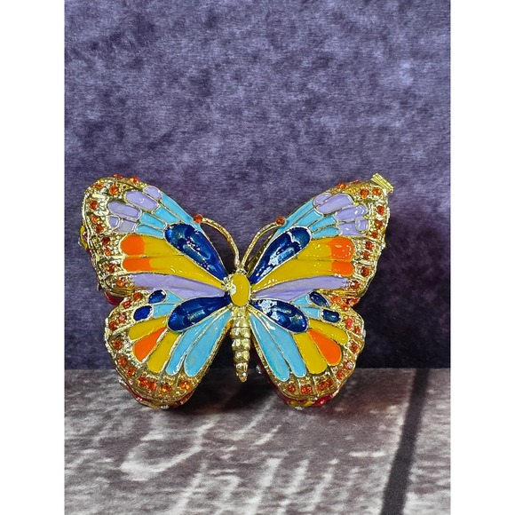 Multi Crystal Enamel Butterfly Trinket Box, Gold Accent, Hinged Jewelry Pill Box - Picture 1 of 10